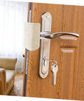 Three Pack Door Silencers Easy Install Door Slam Preventer No Tools Required for Safety shown installed on wooden door handle.