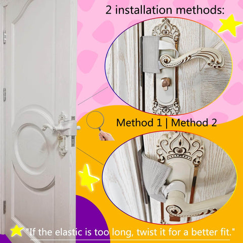 Door Silencer Kit With Baby Proof Latch Covers And Soft Close Cushions That Stops Slams And Accidental Locking installed on ornate door handle, light gray, multiple installation methods shown.