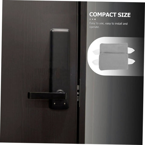 Quiet and practical door silencers ensure near silent door use with no drilling; pads shown on dark door with handle detail.