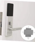 Quiet and practical door silencers ensure near silent door use with no drilling; soft pads attached to door handle shown.