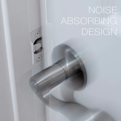 Door Silencer Strike Plate With Adhesive Bump Stops For Loud Doors No Drills Required Easy No Tools Install Flexible Noise Eliminating Solution That Stops Slamming Noises White Finish installed on a door