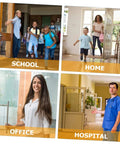 Images showing different building interiors: school entry, home hallway, office space, and hospital corridor.