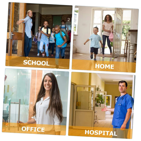 Images showing different building interiors: school entry, home hallway, office space, and hospital corridor.