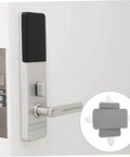 Two-piece door silencers stop slams in nurseries, daycares, bedrooms, and offices; easy no-drill installation shown on door.