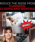 Woman covering ears from noise with text 'Reduce the noise from slamming, closing, and banging' and close-up of a banging cabinet door.