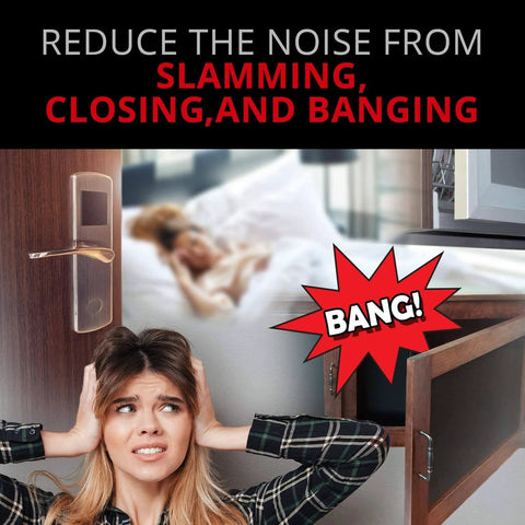 Woman covering ears from noise with text 'Reduce the noise from slamming, closing, and banging' and close-up of a banging cabinet door.