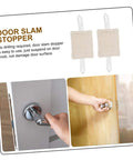 Image showing 3-pack beige door silencers installed on door knobs for quiet, safe closures. Tool-free, non-marking use in rooms.