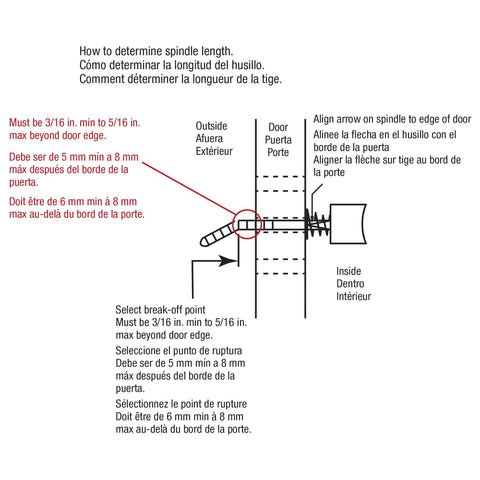 Diagram showing how to determine spindle length for screen and storm door push button latch set with night lock.