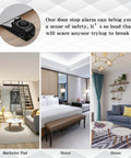 Collage showing Door Stop Alarm with 120DB Siren Door Stop for Home & Travel (Black) (Pack of 2), and different room settings.