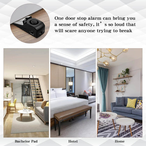 Collage showing Door Stop Alarm with 120DB Siren Door Stop for Home & Travel (Black) (Pack of 2), and different room settings.