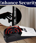 Door Stop Alarm, Door Stopper with 120DB Security Alarm on wooden floor with overlay showing a hand at door lock
