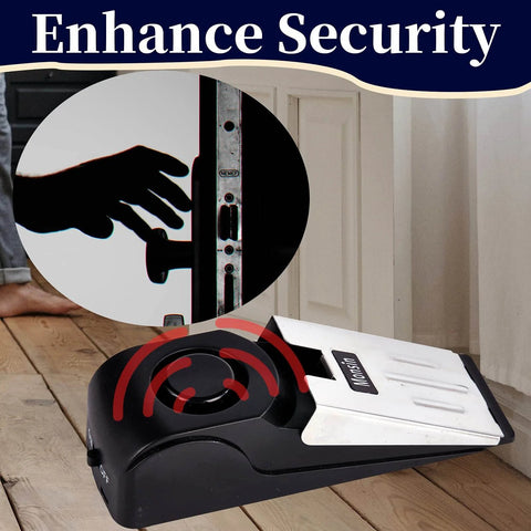 Door Stop Alarm, Door Stopper with 120DB Security Alarm on wooden floor with overlay showing a hand at door lock