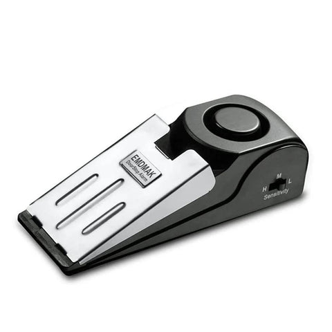 Black door stop alarm with 120DB siren for home and travel, showing top view with sensitivity settings and labeled ENDMAK