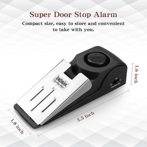 Door Stop Alarm with 120DB Siren Door Stop for Home & Travel (Black) (Pack of 2), dimensions labeled, compact and portable design