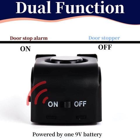Close-up of Door Stop Alarm showing ON and OFF switch, powered by one 9V battery, with dual function as alarm and stopper.