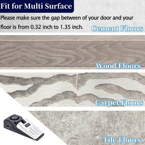 Door Stop Alarm, Door Stopper with 120DB Security Alarm showing compatibility with cement, wood, carpet, and tile floors.