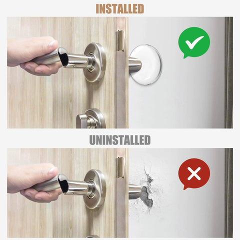 Comparison of a door handle preventing wall damage with and without 8 Pack 2 Inch Door Stoppers For Walls, Clear Rubber Door Handle Bumpers.