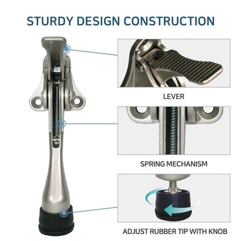Detailed view of One Touch Kickdown Door Stopper, showcasing lever, spring mechanism, and height-adjustable rubber tips by HASHI.