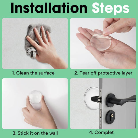 Installation steps for Medium 2 Inch Door Stopper Set Of 6 Heavy Duty Wall Protectors For Door Knobs Quiet Self Adhesive Shield Transparent Clear Wall Guard To Prevent Dents Scuffs And Slams.