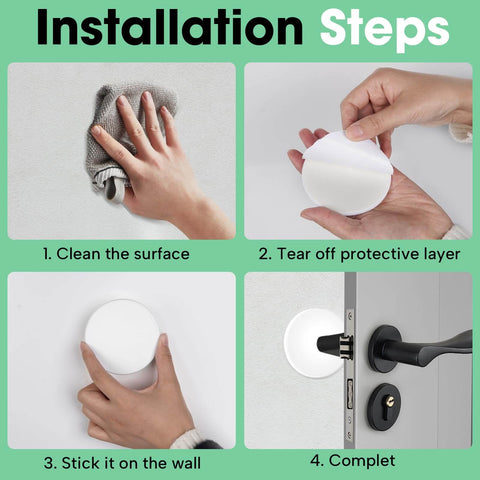 Installation steps for self adhesive door stopper set cushions impact, includes cleaning surface, removing protective layer, sticking to wall, and completed protection on door