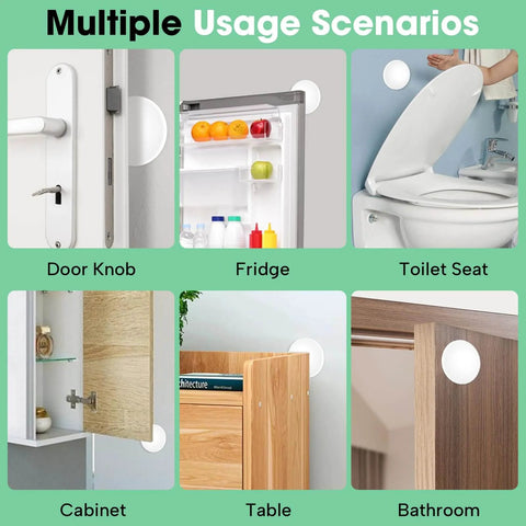 Self adhesive door stopper set cushions impact, protects walls and door knobs, reduces slams and noise, shown in multiple uses.