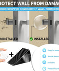 Diagram showing Heavy Duty Door Stopper For Bottom Of Door 3 Inch Tall Adjustable Metal Door Stop With Anti Slip Rubber Grip and wall protector.