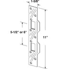 Diagram of durable 5-1/2 inch door strike compatible with deadbolts and latches, featuring a corrosion resistant matte black finish.