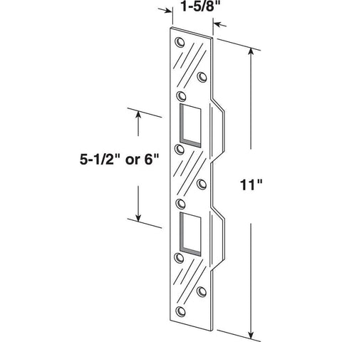 Diagram of durable 5-1/2 inch door strike compatible with deadbolts and latches, featuring a corrosion resistant matte black finish.