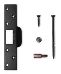 Extra Long 7 Inch Heavy Duty Door Strike Plate Repair Kit With Oversized Striker For Damaged Frames Slots And Jambs Large Hole To Fix Latch Sticking Security Reinforcement Plate And Screw Set with screws and bit, black plate visible.