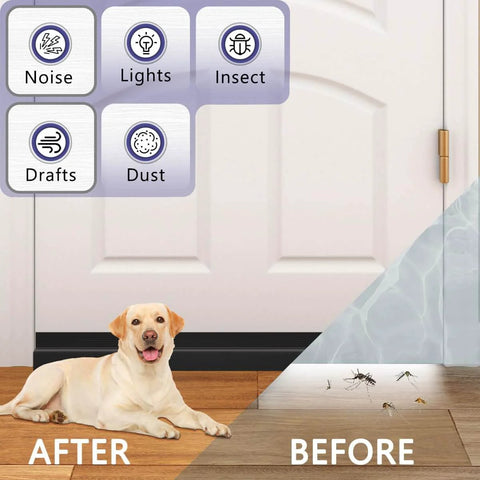 Adjustable Door Sweep For Bottom Of Door Made From Thick Silicone Weather Stripping That Keeps Drafts And Noise Out Durable Under Door Gap Filler For Interior And Exterior Doors Low Friction No Slip Felt Black 39 Inch before and after use, showing dog blocking insects and drafts.