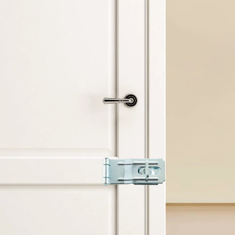 3-1/2 Inch Swivel Staple Safety Hasp With Twist Knob Lock installed on door, made of heavy-duty zinc plated steel, padlock compatible, 4 pack