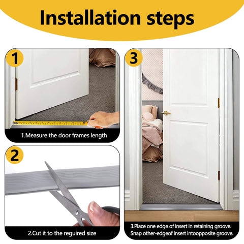 Installation steps for 2 Pcs 39 Inch Vinyl Replacement Insert, showing measuring, cutting, and placing threshold seal strip on door