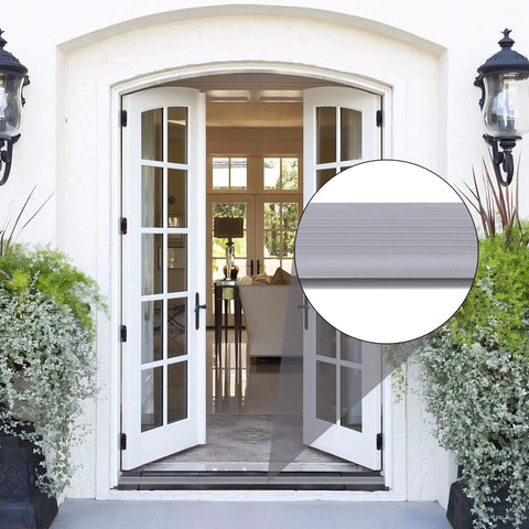 Exterior door with 2 Pcs 39 Inch Vinyl Replacement Insert, cuttable threshold seal strip shown in close-up for weather stripping sealing.