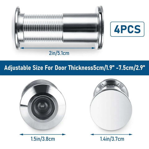4 Pack 220 Degree Door Viewers Peep Holes With HD Lens, shown adjustable for 2-3 inch doors, features heavy duty privacy cover.