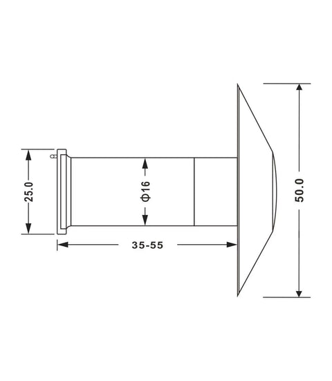 Technical diagram of door viewer peephole detailing dimensions 50mm x 25mm, fits doors 35-55mm, satin gold brass with privacy cover.