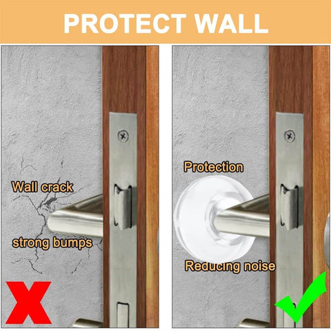 Door Stopper Wall Protector Set, Stick On Adhesive Bumper Protectors, Reusable Rubber Door Stops From Door Knobs, Shock Absorbent Wall Shield That Stops Door Slams, Keeps Walls Safe, Clear 4 Pack installed on a wall behind door handle