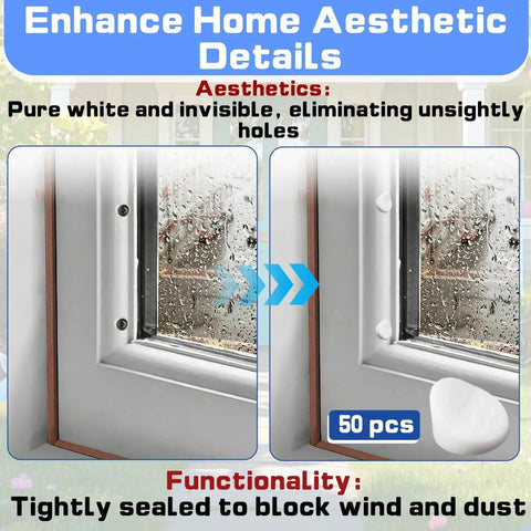 Image showing before and after installation of 50 Pack Door And Window Screw Hole Plugs 5/16 Inch By 1/4 Inch on window frame.