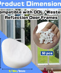 50 Pack Door And Window Screw Hole Plugs 5/16 Inch By 1/4 Inch display showing size, plugs in hand, and window installation view.