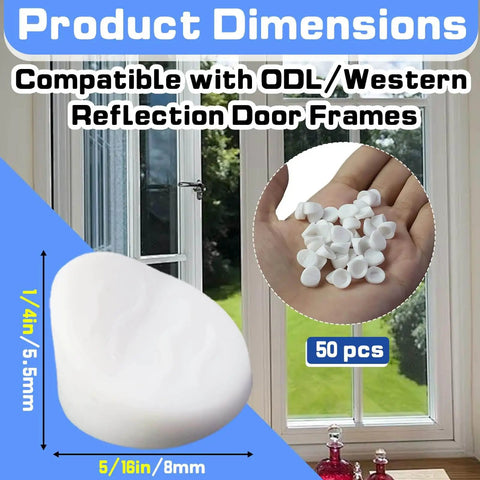 50 Pack Door And Window Screw Hole Plugs 5/16 Inch By 1/4 Inch display showing size, plugs in hand, and window installation view.