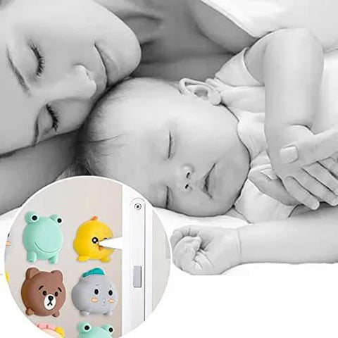 Image of a sleeping adult and baby with cartoon animal door stoppers; 10 Pack Doorknob Wall Mute Crash Pads For Door Handle Protection Anti Collision Silicone Cushions Absorb Wall Vibrations And Prevent Door Dings White Dinosaur Doodle4 Color.