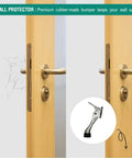 One Touch Kickdown Door Stopper, Door Holder, showcasing rubber bumper protection on a door; product inset displayed, Satin Nickel 4 inch.