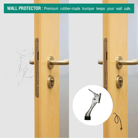 One Touch Kickdown Door Stopper, Door Holder, showcasing rubber bumper protection on a door; product inset displayed, Satin Nickel 4 inch.