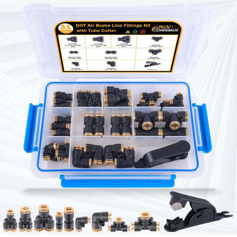 31 Piece DOT Air Brake Line Fittings Kit with 1/4 and 3/8 Inch Quick Connect for Truck or Industrial Air Systems in box.