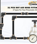31 Piece DOT Air Brake Line Fittings Kit shown with black quick-connect hoses, 90-degree elbows, and a pressure gauge for trucks or industrial use.