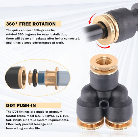 Close-up of 31 Piece DOT Air Brake Line Fittings Kit with brass 1/4 and 3/8 inch quick connect fittings, including tees and unions.