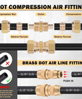 Diagram of compression and brass DOT air line fittings with measurements, part of 156 Piece Brass DOT Air Line Fittings Kit With Four 100ft Rolls