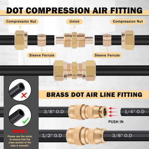 Diagram of compression and brass DOT air line fittings with measurements, part of 156 Piece Brass DOT Air Line Fittings Kit With Four 100ft Rolls
