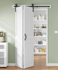 Double 24 Inch Bi Fold Barn Door Set For 48 X 84 Inch Openings With 4.3 Ft Rail And Hardware Kit Included MDF Wood Panel With PVC Surface For Easy Cleaning Space Saving Sliding Closet Doors In White Finish DIY Assembly Ready For Quick Installation.