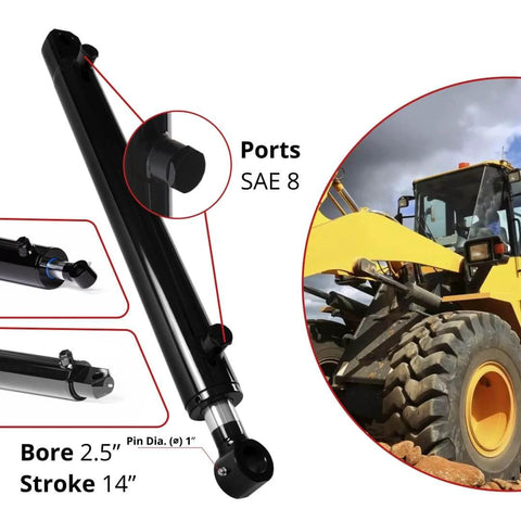 ✝️ Double Acting Hydraulic Cylinder - Tang Universal Hydraulic Cylinder 2.5" Bore, 14 inch Stroke Tang Style shown next to machinery