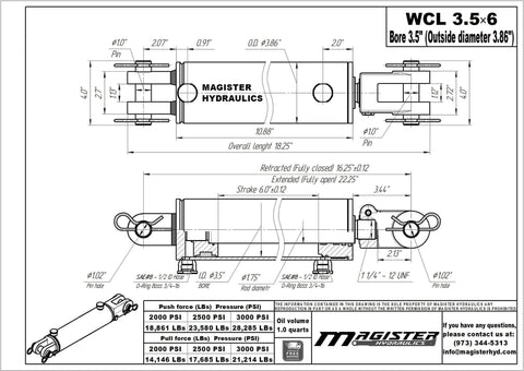 Engineering drawing of Hydraulics Double Acting Hydraulic Cylinder - Clevis End Hydraulic Cylinder 3500 PSI - Heavy Duty Clevis 3.5" bore 6" Stroke (3.5x6) - Hydraulic Cylinder - Double Acting - Clevis - Bore: 3.5, Stroke: 6, Working pressure: 3500 PSI, Size callout: with dimensions.